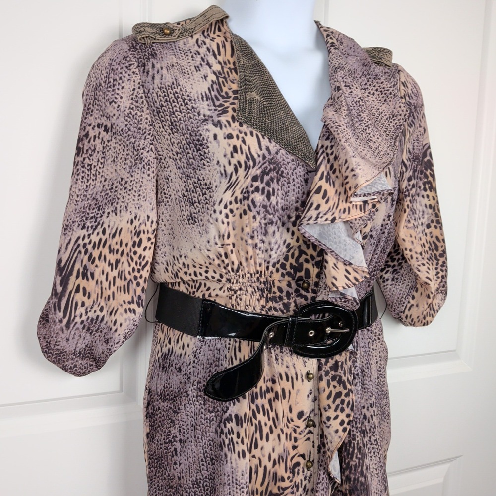 Alberto Makali Animal Print Ruffle Shirt Dress Belted Pockets Large